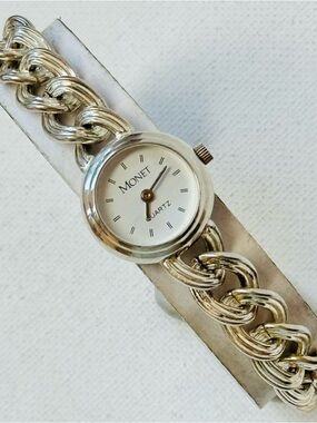 Vintage Monet Small Face Women's Chain Link Dress Watch Silver Plated White Dial